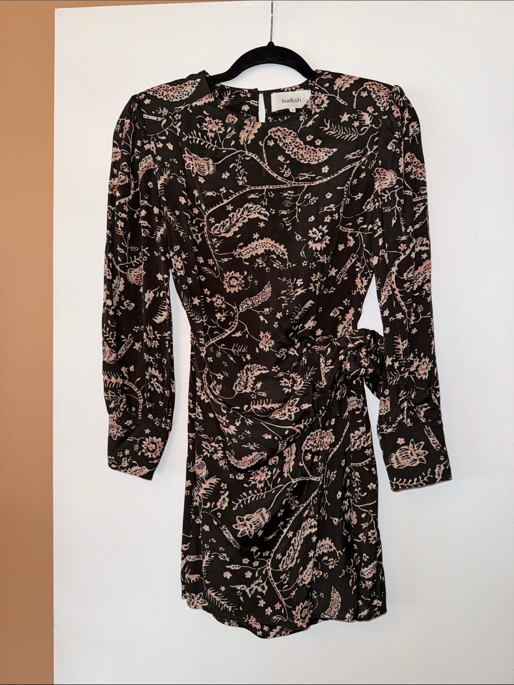 ba&sh Brown and Pink Floral Long-Sleeve Wrap Dress